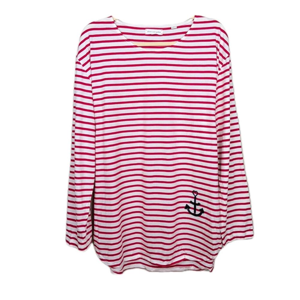 CHINTI AND PARKER Red White Stripe Long Sleeve Tunic Anchor Print Women's Large